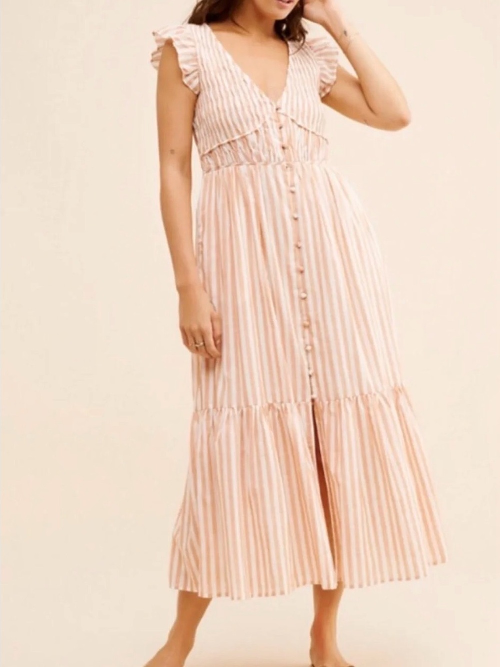Anthropologie Striped Pink Ruffle-Sleeve Maxi Dress Size Large